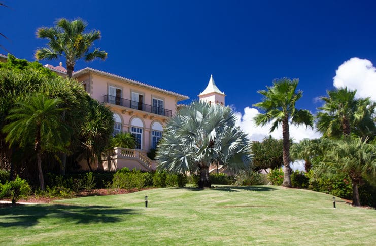 a house with palm trees and a lawn
