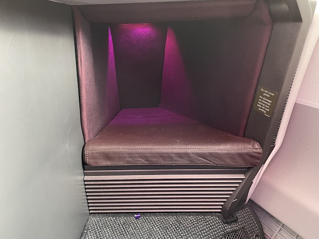 The footwell of a standard Upper Class seat on the Virgin Atlantic A350