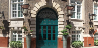 a building with a green door