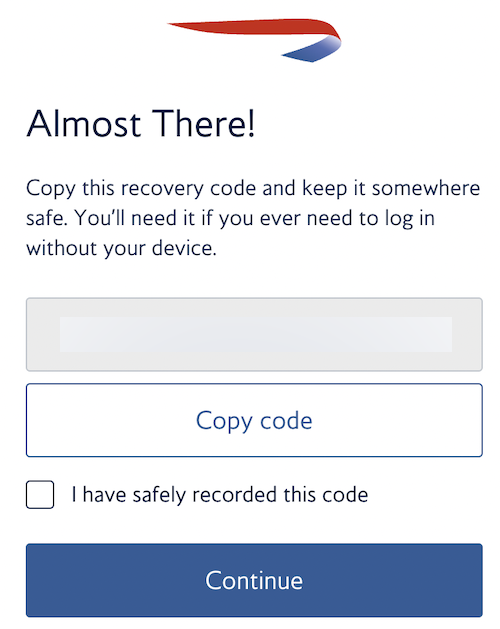 a screenshot of a recovery code