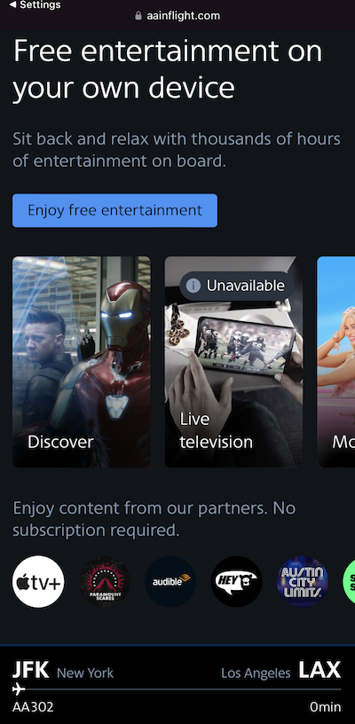 American Airlines inflight entertainment streamed to your device.
