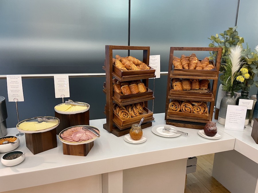 a buffet table with different types of food