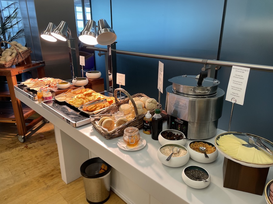 a buffet table with food on it