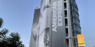 a large building with a large sign on it