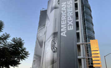 a large building with a large sign on it