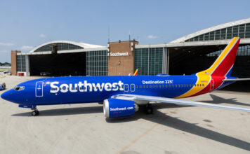 a southwest airlines airplane parked in a hangar