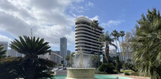 a fountain in a park with palm trees and buildings in the background