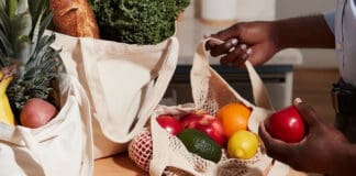 a person holding an apple and a bag of fruit