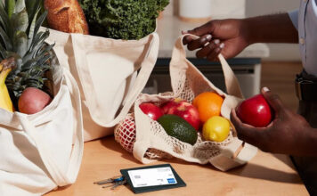 a person holding an apple and a bag of fruit