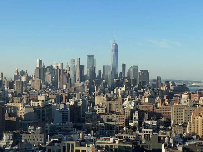 a city skyline with many tall buildings