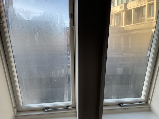 a window with a foggy window