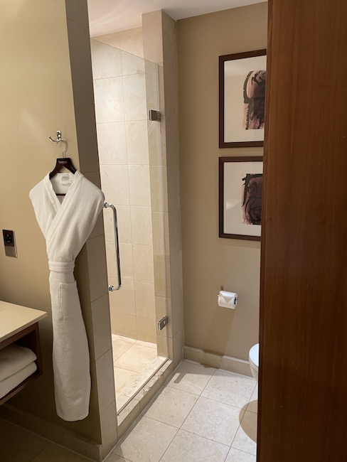 a bathroom with a white robe on a door