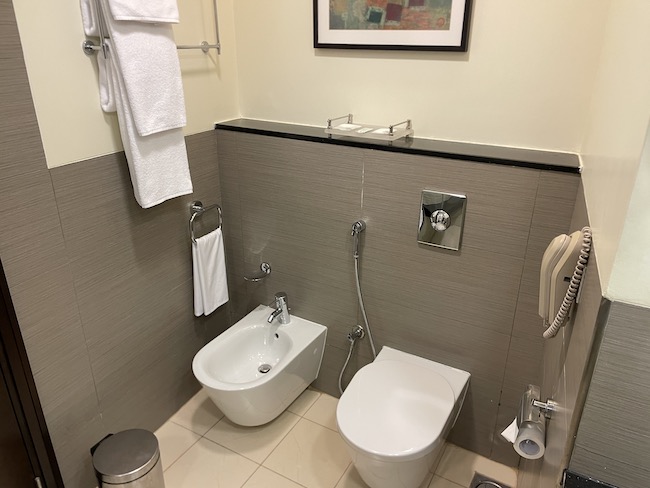 a bathroom with a toilet and bidet