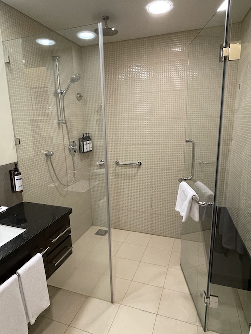 a bathroom with a glass shower