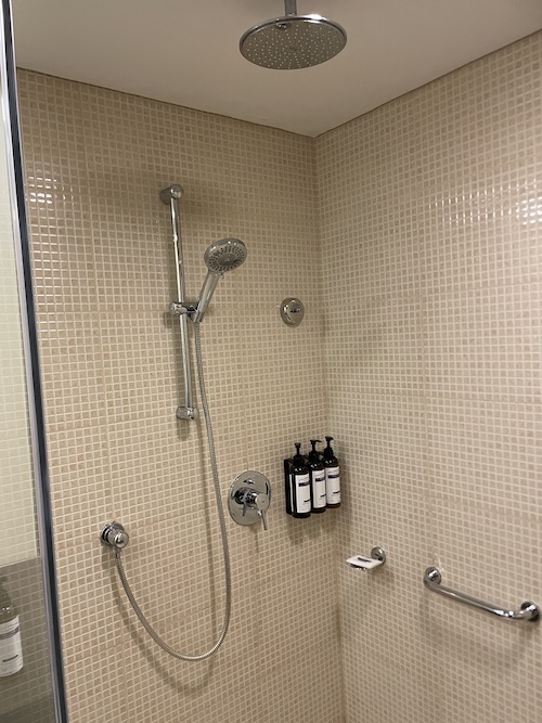 a shower with a shower head and a shower head