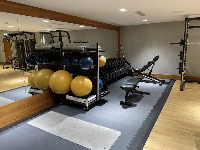 a room with exercise equipment and balls
