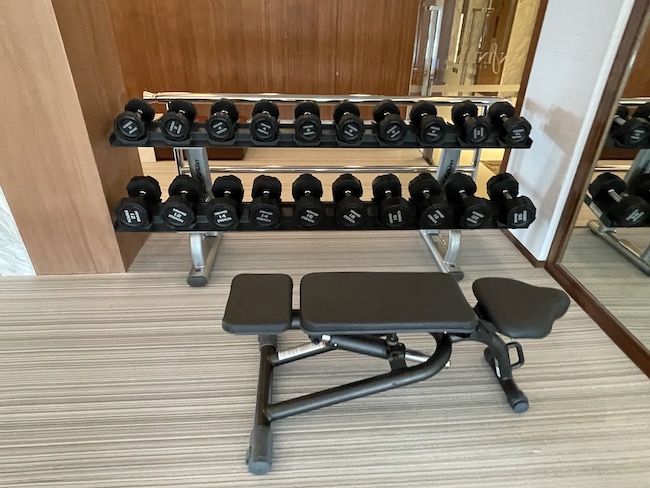 a set of weights on a rack