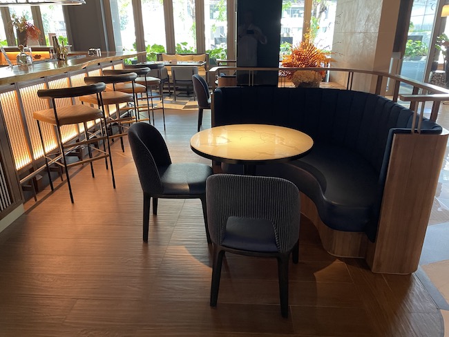 a table and chairs in a restaurant