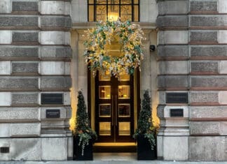 a door with a wreath on it