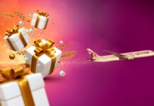 a plane flying through gift boxes