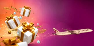 a plane flying through gift boxes