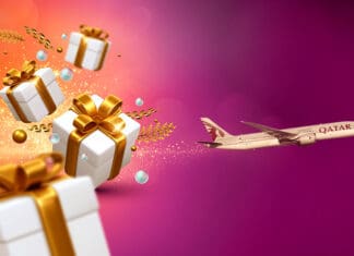 a plane flying through gift boxes