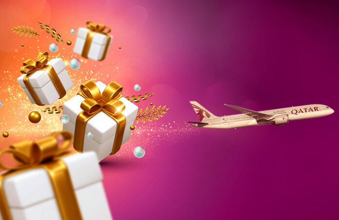 a plane flying through gift boxes