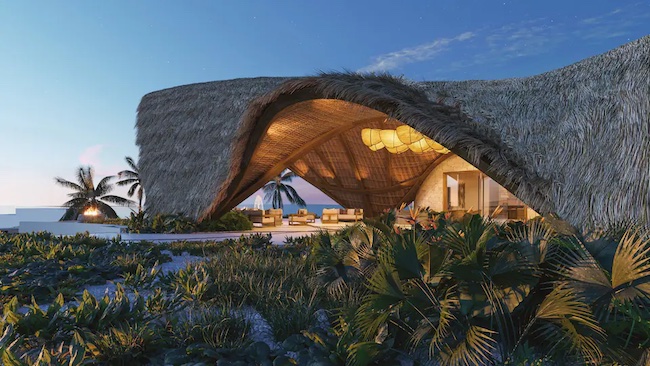a house with a thatched roof and a beach