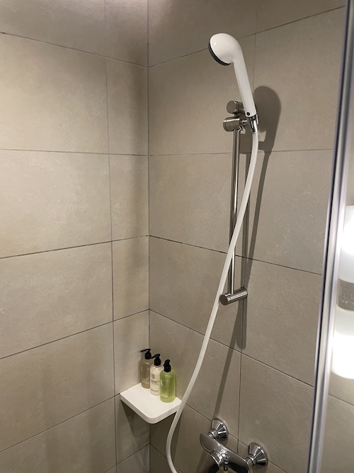 a shower head with a hose attached to the wall