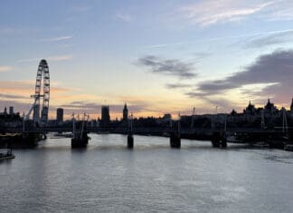 a bridge over a body of water with a ferris wheel in the background