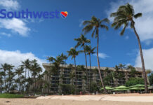 a building with palm trees and umbrellas on a beach