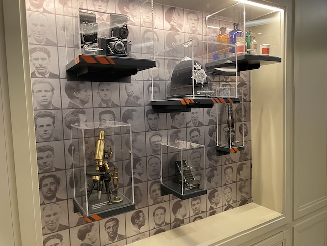 a display case with objects on it