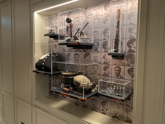 a display case with various objects on it