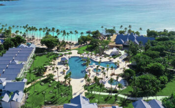 a resort with a pool and palm trees