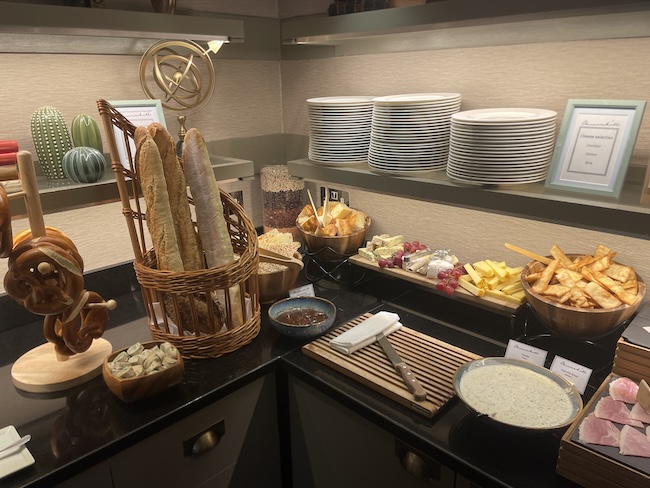 a counter with plates and food on it