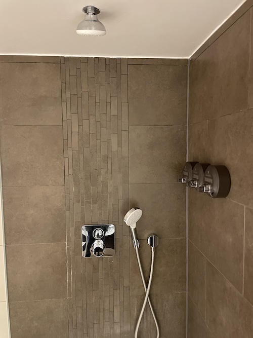 a shower head and faucet in a bathroom