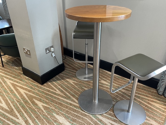 a table and stools on carpet