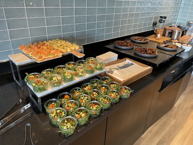 a buffet table with food on it