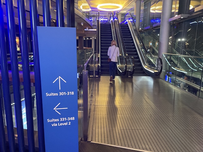 a person walking on an escalator