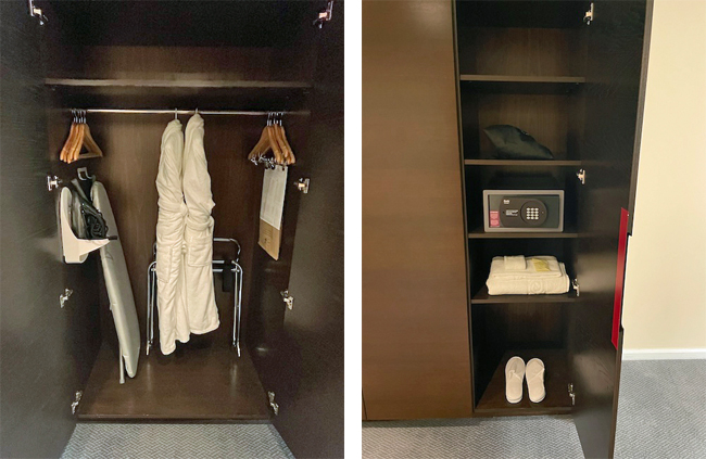 a closet with a white robe and a safe