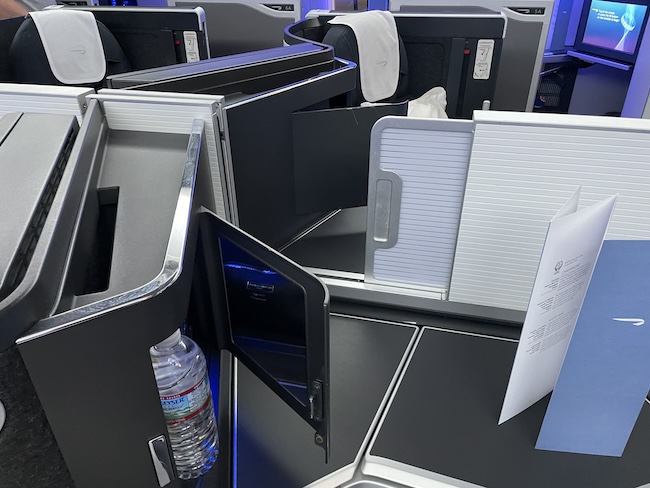 a group of chairs with a blue light