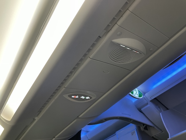 a ceiling with a light and a speaker