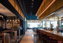 a bar with chairs and tables