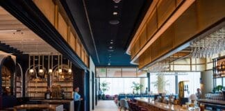 a bar with chairs and tables