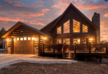 a log cabin with a garage and a driveway