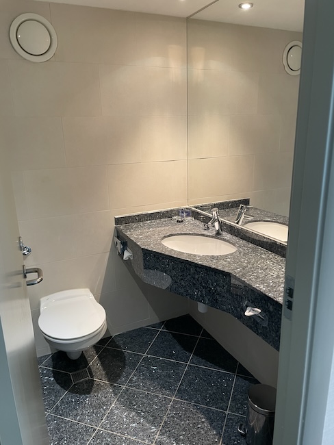 a bathroom with marble countertop sinks and a toilet