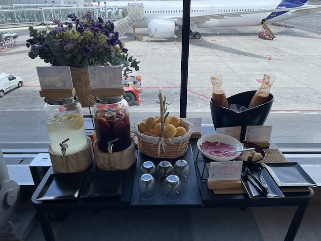 a table with food and drinks on it