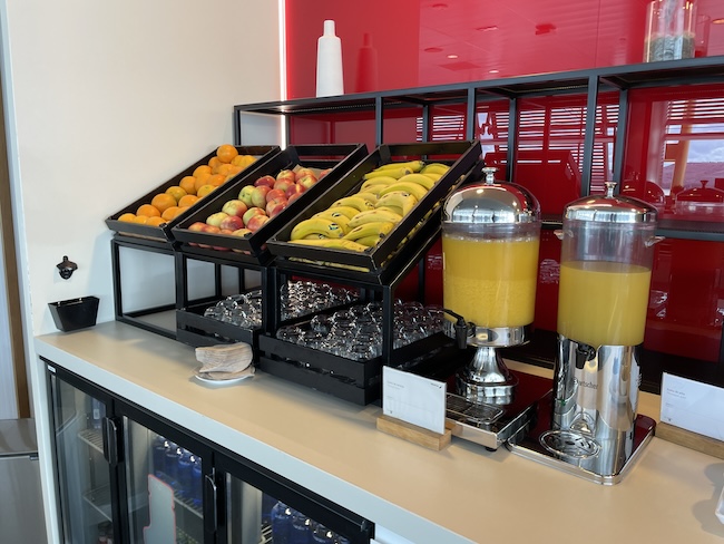 a display of fruit and juices