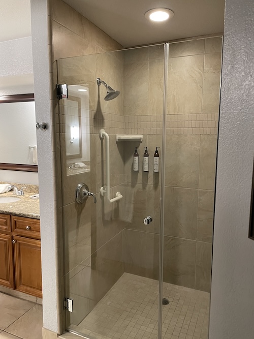 a shower with a glass door