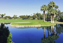 a golf course with a pond and palm trees